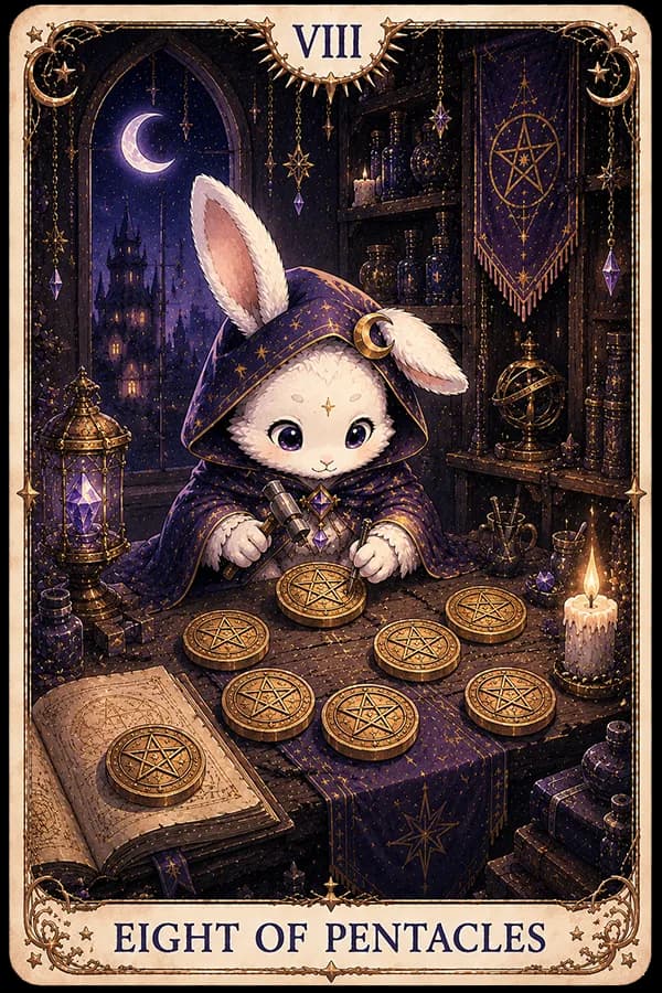 Eight of Pentacles (Eight of Pentacles) ไพ่ทาโรต์